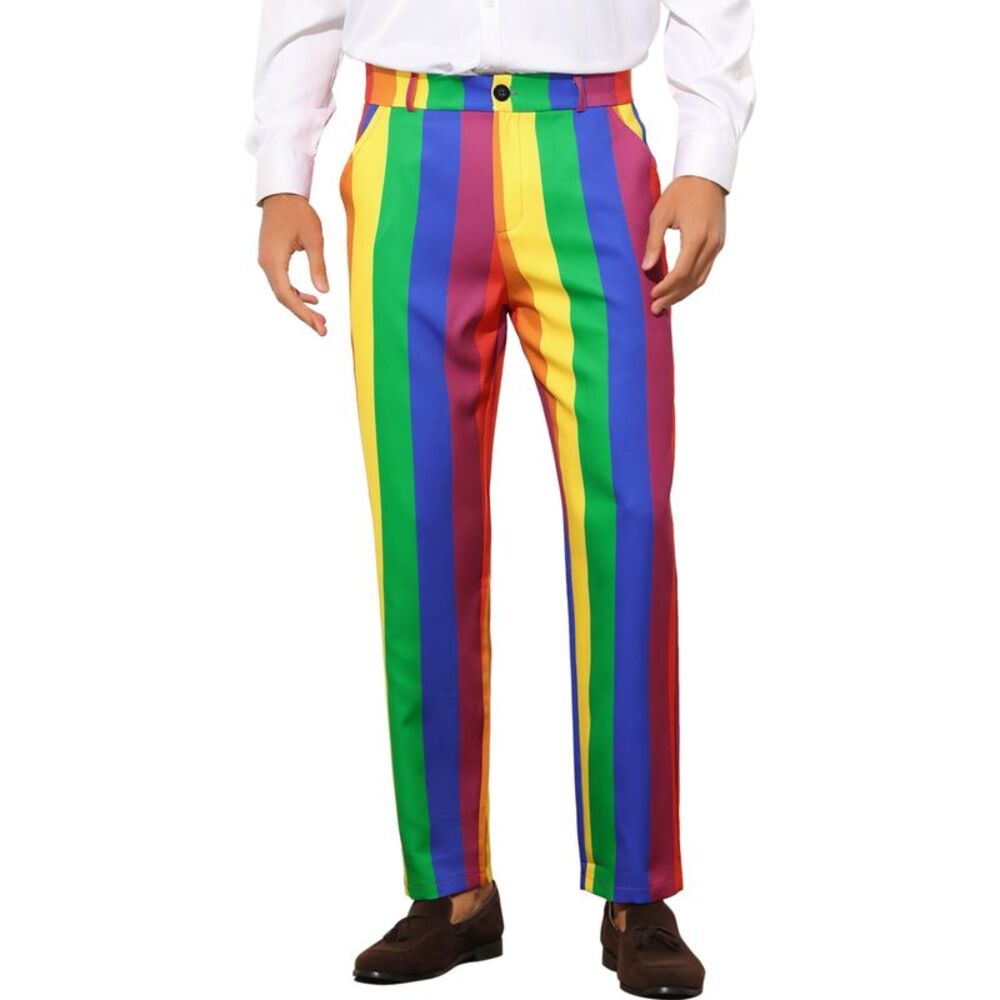 Rainbow Pants Regular Fit Flat Front Color Block Stripe Dress Trousers